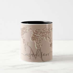 Tasse 2 Couleurs Carte du Monde Voyage Monogramme Pailleté