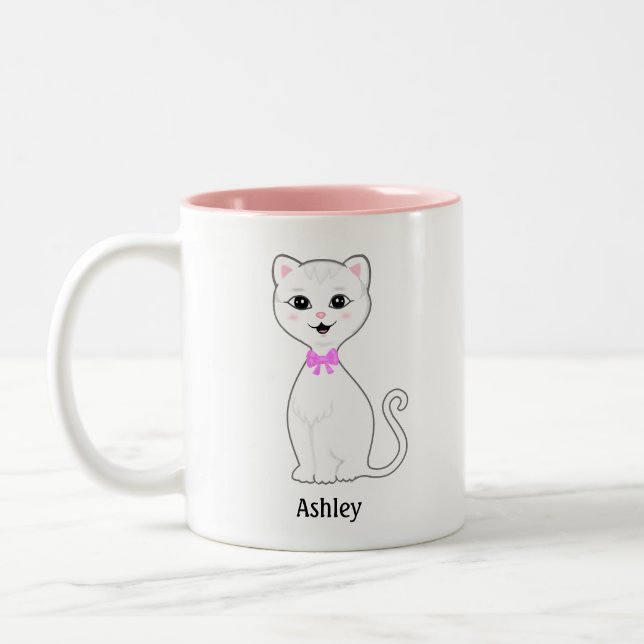 Tasse 2 Couleurs Carton de chat blanc mignon Personnalisé (Gauche)