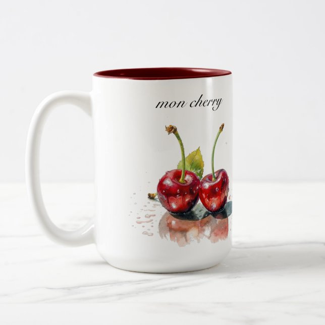 Tasse 2 Couleurs Cerises amoureuses en Aquarelle, sur mesure (Gauche)