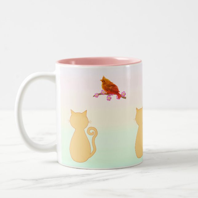 Tasse 2 Couleurs Chat et oiseau rouge (Gauche)