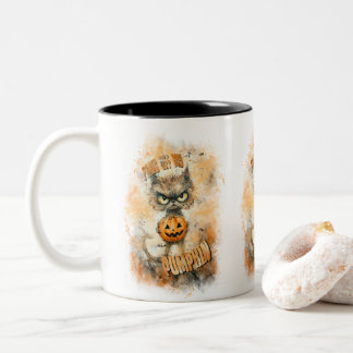 Tasse 2 Couleurs Chat Halloween Cranky Avec Citrouille