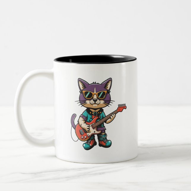 Tasse 2 Couleurs Chat jouant de la guitare (Gauche)