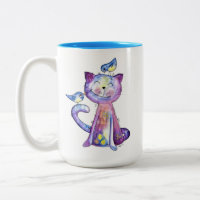 Chat mignon blanc violet avec oiseaux