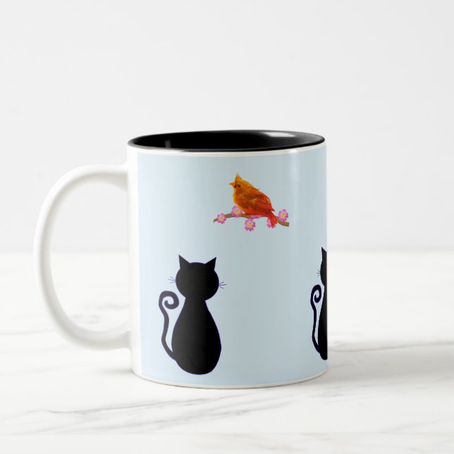 Tasse 2 Couleurs Chat noir et oiseau rouge (Gauche)