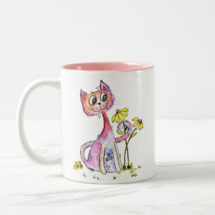 Tasse 2 Couleurs Chat rose blanc mignon avec Fleurs Jaunes