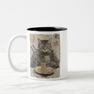 Tasse 2 Couleurs Chat Samouraï Aime Ramen Dessin Animé Drôle Art Ja