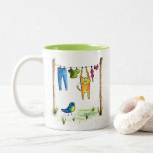 Tasse 2 Couleurs Chat Whimsical sur une ligne de linge