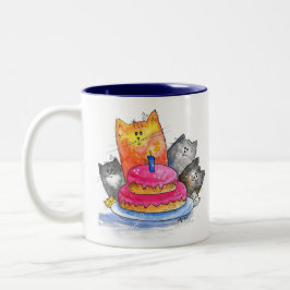 Tasse 2 Couleurs Chats Whimsical avec gâteau d'anniversaire