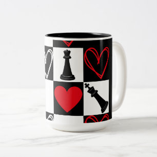 Tasse 2 Couleurs Chessboard Heart Valentines Day B&W