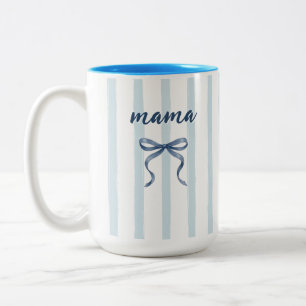 Tasse 2 Couleurs Chic Dusty Blue Aquarelle Rayures et Nœud Maman