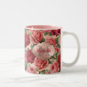 Tasse 2 Couleurs Chic Elegant Vintage Rose Rouge Roses Nom Floral