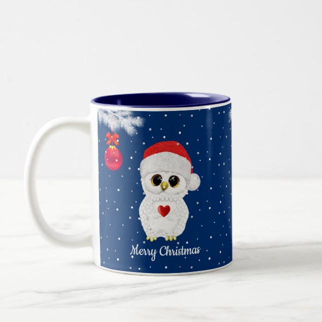 Tasse 2 Couleurs Chouette blanche de Noël en bleu (Gauche)