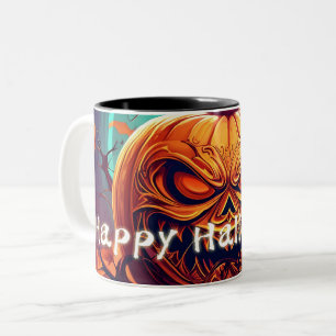 Tasse 2 Couleurs Citrouille orange effrayante avec visage, Hallowee