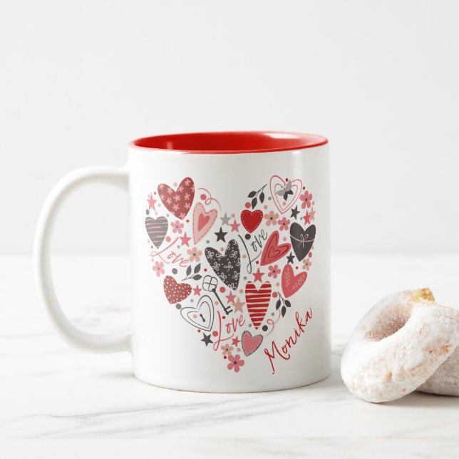Tasse 2 Couleurs Coeurs rouges mignons - Monogramme d'amour (Avec donut)