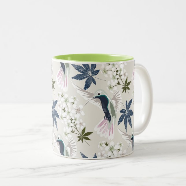 Tasse 2 Couleurs Colibris et fleurs blanches. (Devant droit)