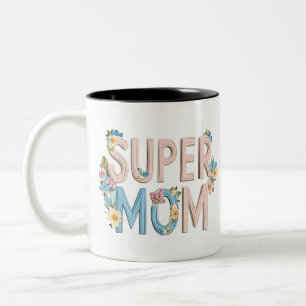 Tasse 2 Couleurs Conception de texte florale Super Maman
