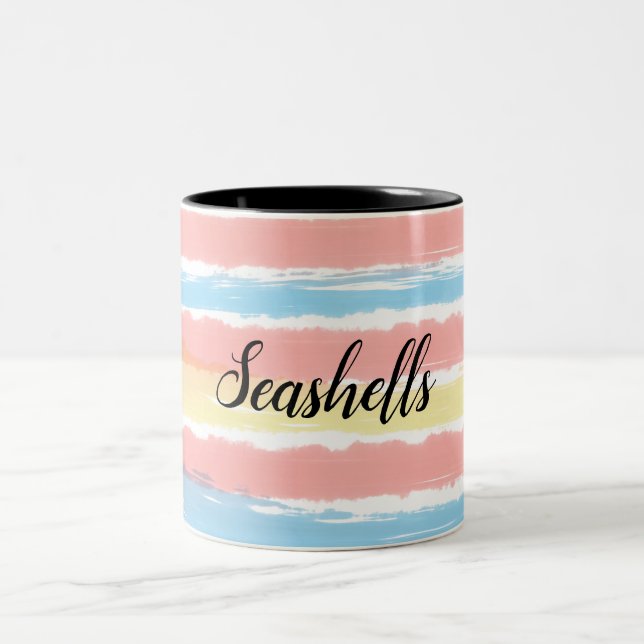 Tasse 2 Couleurs Coquillages rose bleu jaune Aquarelle rayures (Centre)