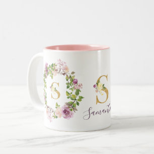 Tasse 2 Couleurs Couronne florale à l'aquarelle avec monogramme dor