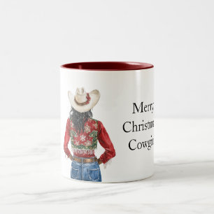 Tasse 2 Couleurs Cowgirl de Noël Rouge Vert Cheveux Noirs