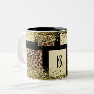 Tasse 2 Couleurs Crème Bloc de Couleur Ivoire Noir & Léopard Guépar