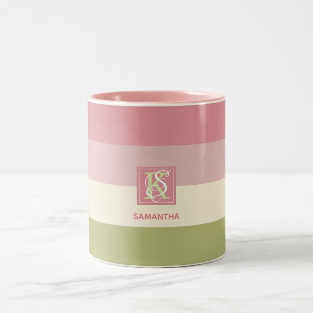 Tasse 2 Couleurs Crème Rose Vert Couleur Palette Bandes Monogramme (Centre)