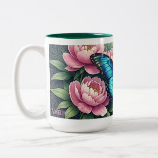 Tasse 2 Couleurs Custom Blue Morpho Butterfly Floral Monogram