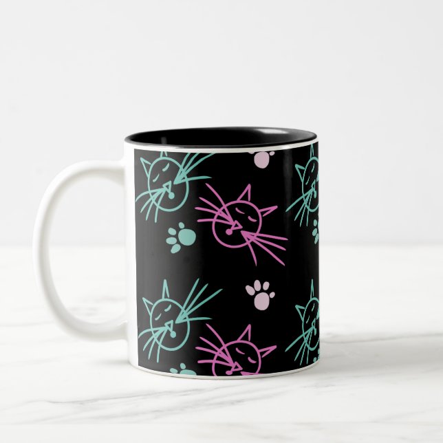 Tasse 2 Couleurs Cute Chat Doodle rose Turquoise Noir (Gauche)