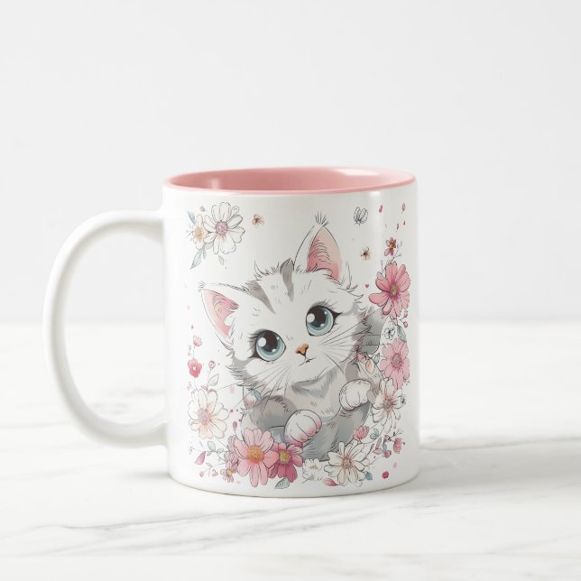 Tasse 2 Couleurs Cute Chat En Fleurs (Gauche)