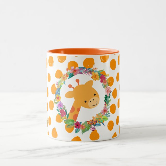 Tasse 2 Couleurs Cute Giraffe avec une aquarelle fleurie Wreath (Centre)