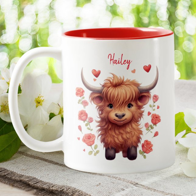 Tasse 2 Couleurs Cute Highland Coeurs roses de vache Floral Valenti (Créateur téléchargé)