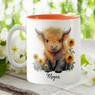 Tasse 2 Couleurs Cute Highland Cow Calf Sunflowers Personnalisé