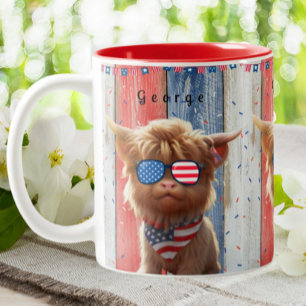 Tasse 2 Couleurs Cute Highland Cow Patriotic États-Unis Drapeau lun