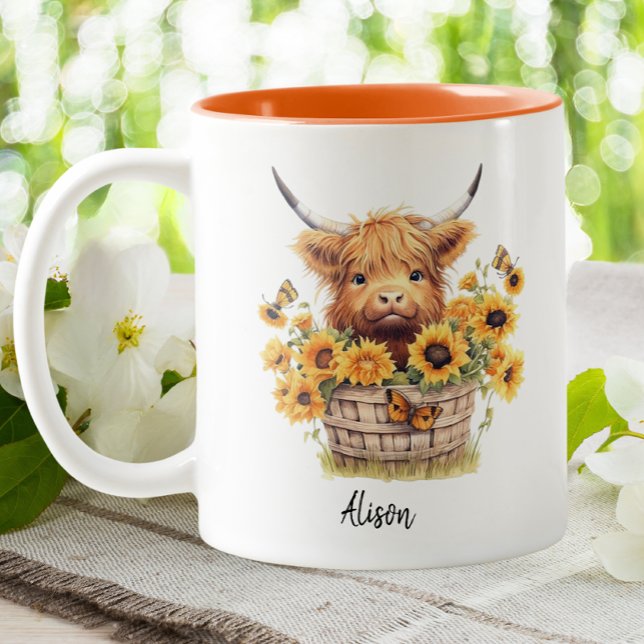 Tasse 2 Couleurs Cute Highland Cow Sunflower Floral Personnalisé (Créateur téléchargé)