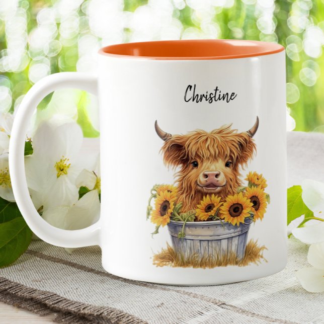 Tasse 2 Couleurs Cute Highland Cow Sunflowers Custom (Créateur téléchargé)