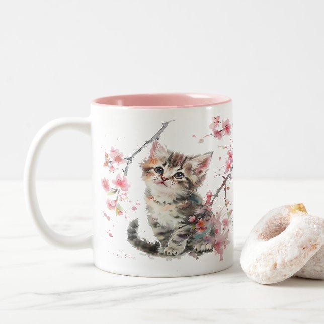 Tasse 2 Couleurs Cute Kitten En Fleurs Sakura (Avec donut)