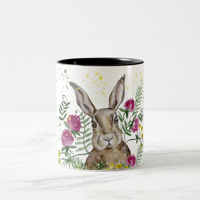 Tasse 2 Couleurs Cute lapin en fleurs d'aquarelle (Centre)