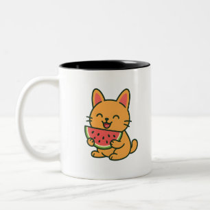 Tasse 2 Couleurs Cute Orange Chat Manger Watermelon Dessin de Kaw