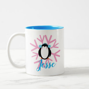 Tasse 2 Couleurs Cute Penguin rose Flocon de neige Nom personnalisé