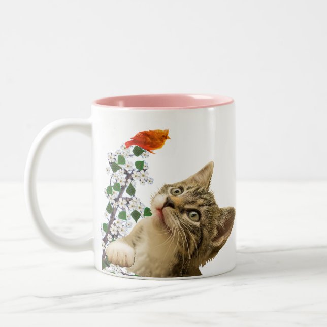 Tasse 2 Couleurs Cute Tabby Chat, Fleurs & Petit Oiseau (Gauche)
