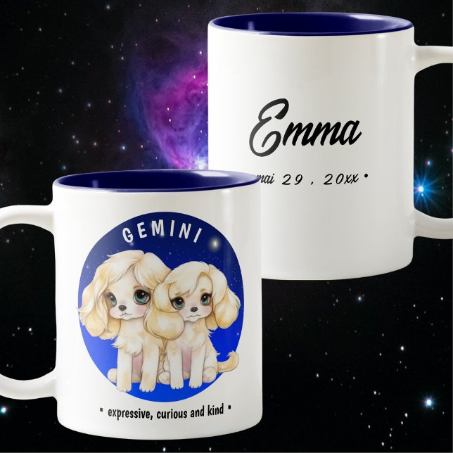Tasse 2 Couleurs Cute Zodiac Gemini Chien bleu étoile Aquarelle (Créateur téléchargé)