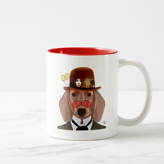 Tasse 2 Couleurs Dachshund avec Casquette Bowler Steampunk (Droit)