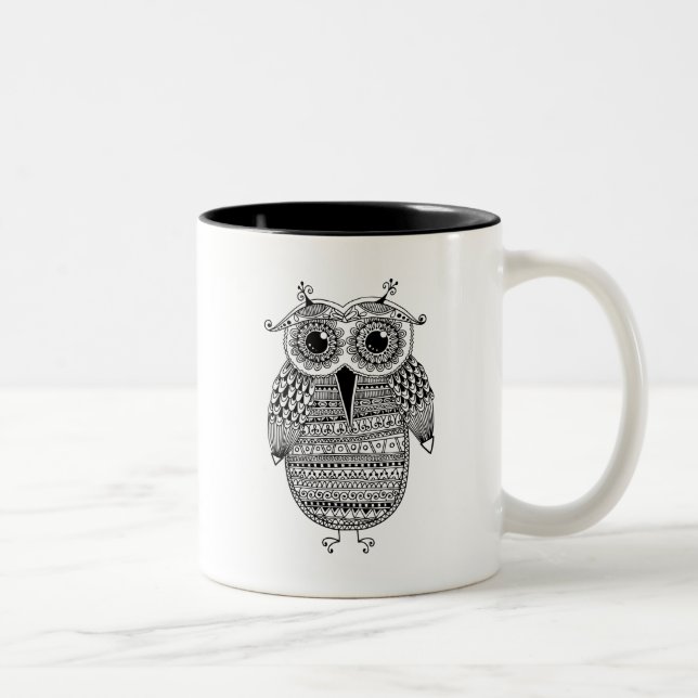 Tasse 2 Couleurs Dessin ethnique d'encre de hibou (Droit)