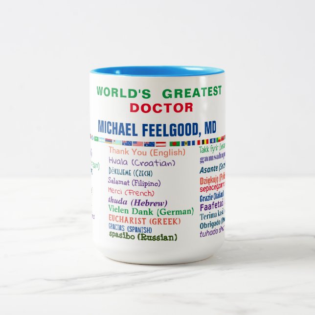 Tasse 2 Couleurs Docteur Merci en 30 langues (Centre)
