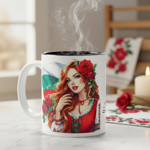 Tasse 2 Couleurs Drapeau Bulgare Tradition Folklore Femme Roses Rou