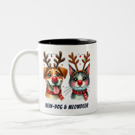 Tasse 2 Couleurs Drôle Père Noël Chat & Chien Cerf à nez rouge