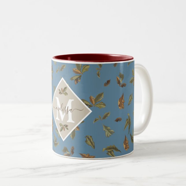 Tasse 2 Couleurs Dusty Blue Rustic Feuilles Brown Monogramme (Devant droit)