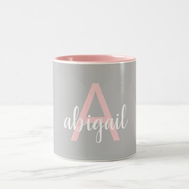 Tasse 2 Couleurs Élégant Monogramme gris rose moderne Nom (Centre)