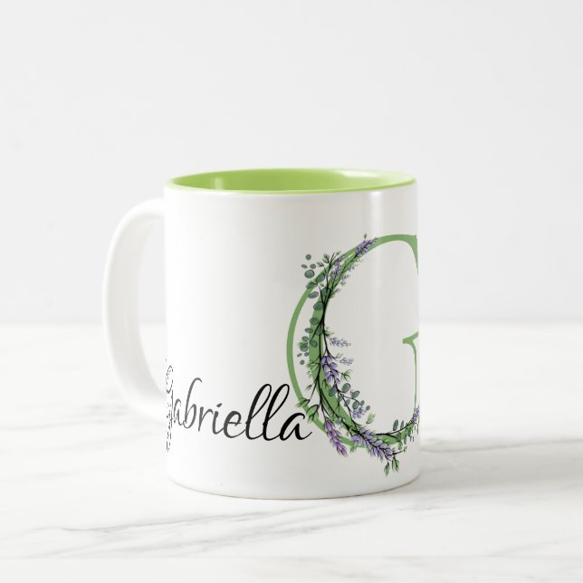 Tasse 2 Couleurs Élégante Lettre G monogramme lavande personnalisat (Devant gauche)