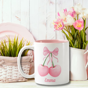 Tasse 2 Couleurs Elégante, moderne Cerises roses avec Bow rose, Per