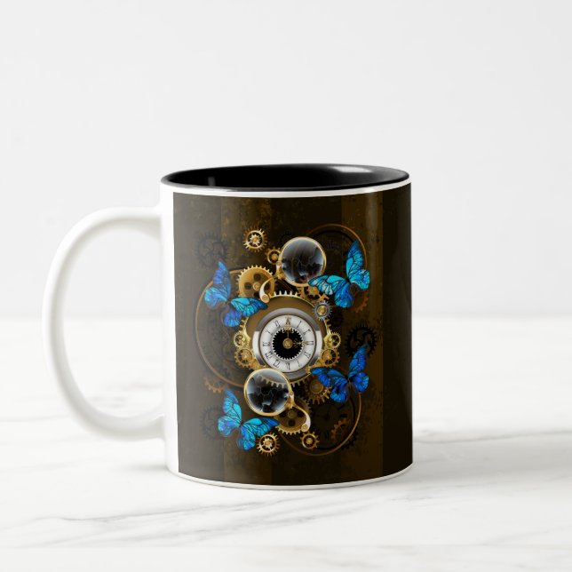 Tasse 2 Couleurs Engrenages à vapeur et papillons bleus (Gauche)